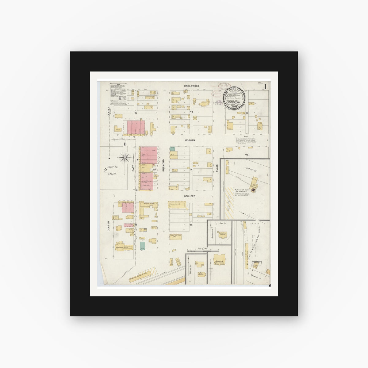 Old map wall art mockup — black gallery frame with white mat — Sanborn Fire Insurance Map from Franklin, Robertson County, Texas (1899), Sheet #0001