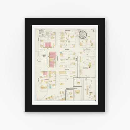 Old map wall art mockup — black gallery frame with white mat — Sanborn Fire Insurance Map from Franklin, Robertson County, Texas (1899), Sheet #0001