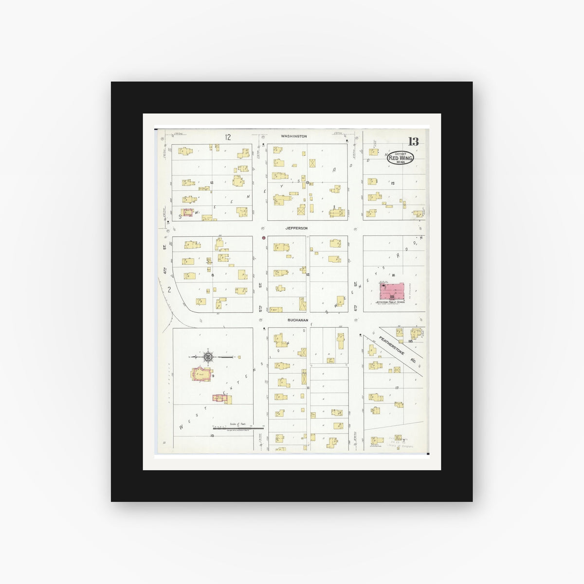 Old map wall art mockup — black gallery frame with white mat — Sanborn Fire Insurance Map from Red Wing, Goodhue County, Minnesota (1917), Sheet #0013