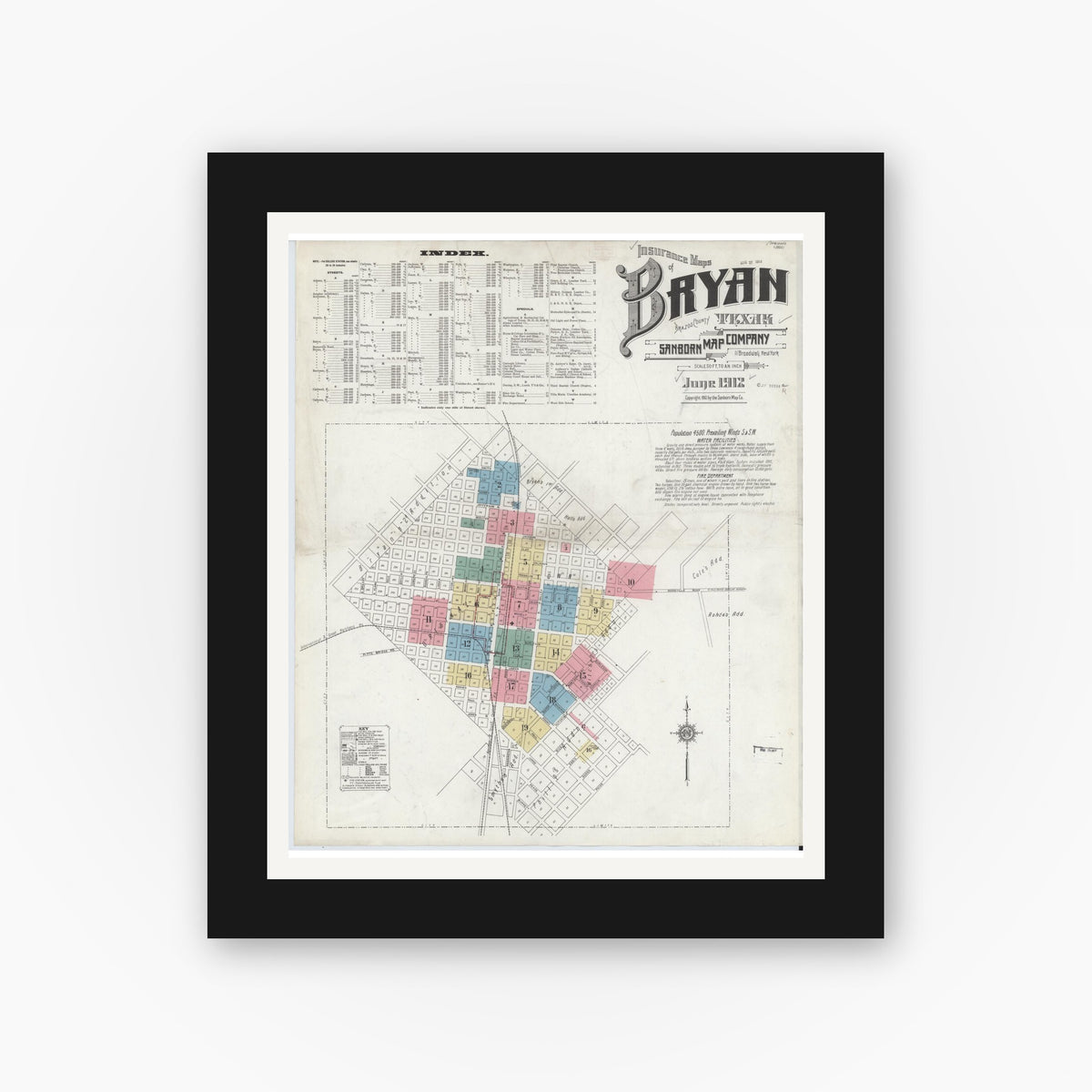Old map wall art mockup — black gallery frame with white mat — Sanborn Fire Insurance Map from Bryan, Brazos County, Texas (1912) - Complete Map Set
