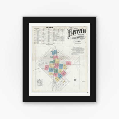 Old map wall art mockup — black gallery frame with white mat — Sanborn Fire Insurance Map from Bryan, Brazos County, Texas (1912) - Complete Map Set