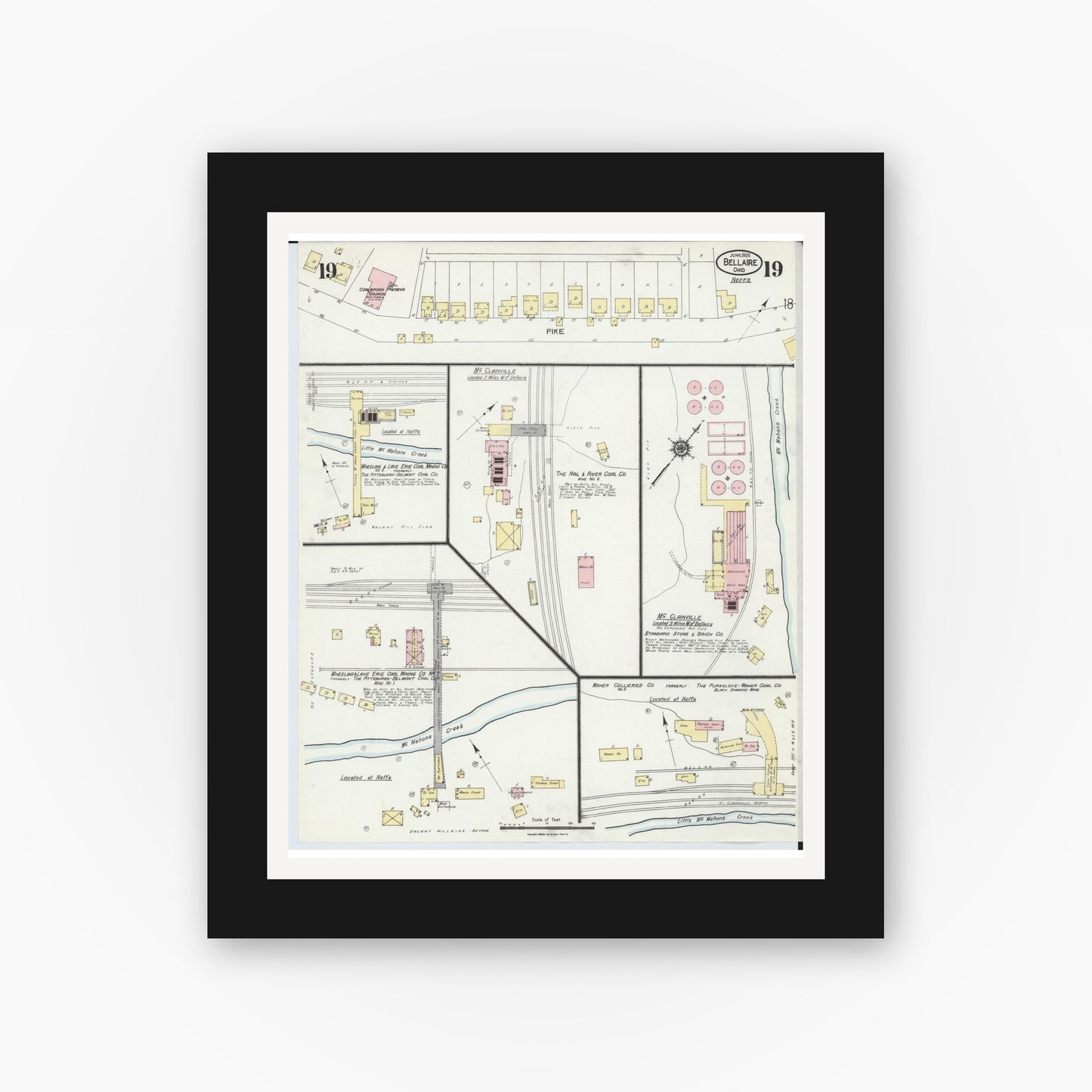 Old map wall art mockup — black gallery frame with white mat — Sanborn Fire Insurance Map from Bellaire, Belmont County, Ohio (1924), Sheet #0019