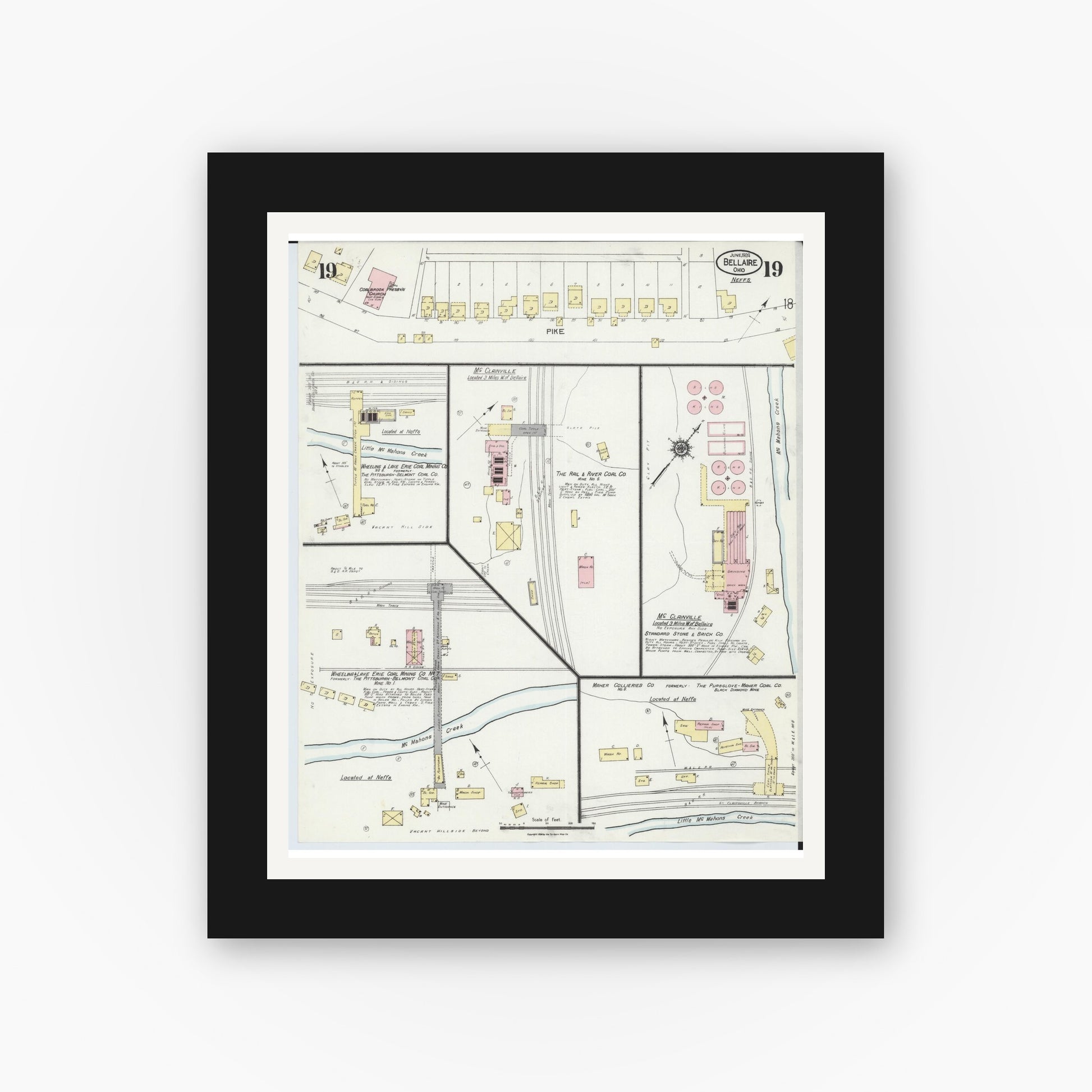 Old map wall art mockup — black gallery frame with white mat — Sanborn Fire Insurance Map from Bellaire, Belmont County, Ohio (1924), Sheet #0019