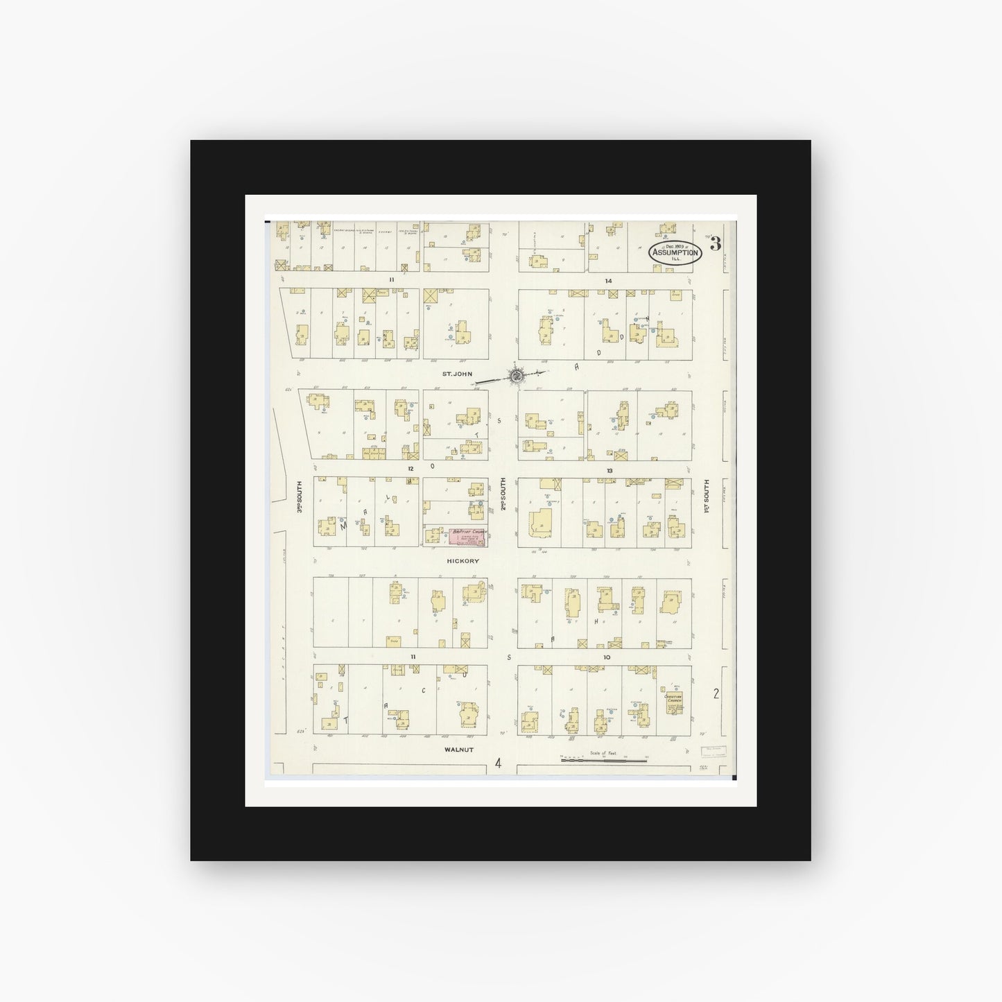 Old map wall art mockup — black gallery frame with white mat — Sanborn Fire Insurance Map from Assumption, Christian County, Illinois (1909), Sheet #0003