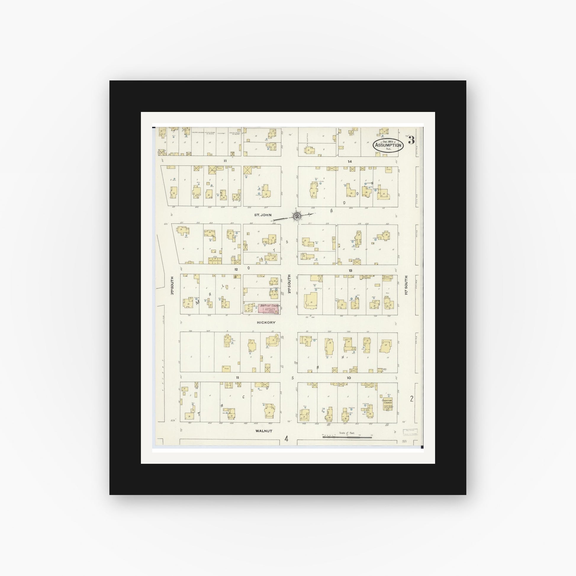 Old map wall art mockup — black gallery frame with white mat — Sanborn Fire Insurance Map from Assumption, Christian County, Illinois (1909), Sheet #0003