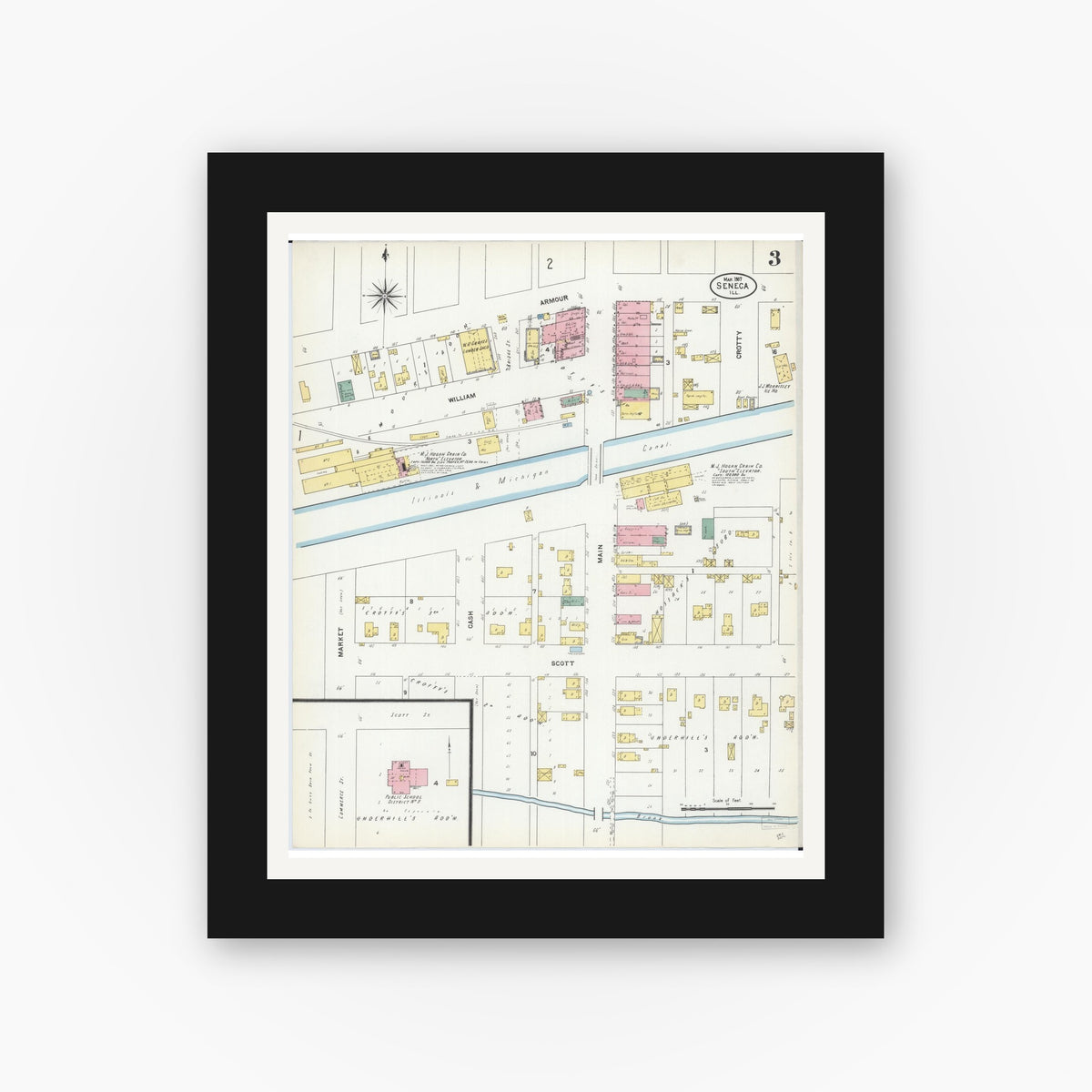 Old map wall art mockup — black gallery frame with white mat — Sanborn Fire Insurance Map from Seneca, La Salle County, Illinois (1907), Sheet #0003
