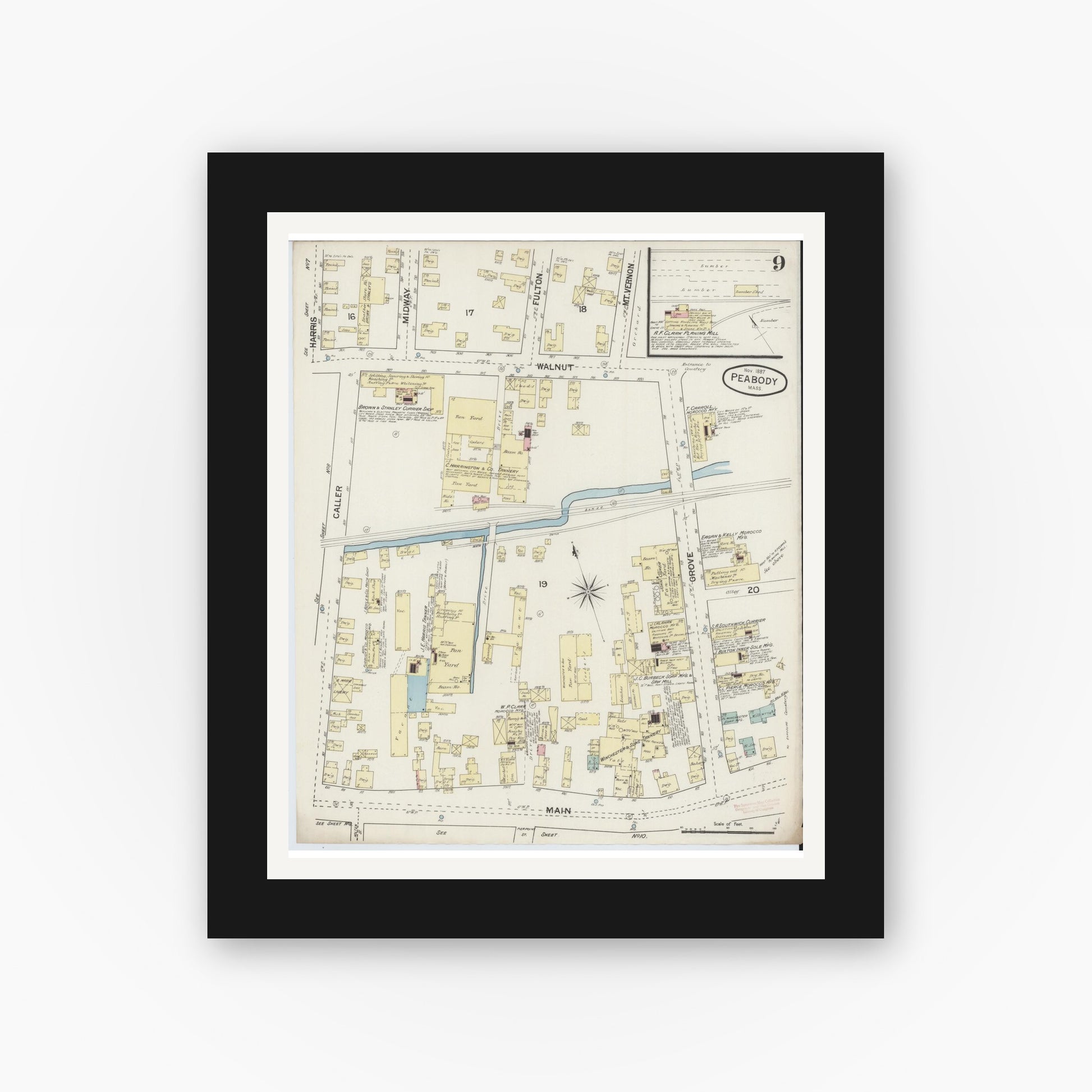 Old map wall art mockup — black gallery frame with white mat — Sanborn Fire Insurance Map from Peabody, Essex County, Massachusetts (1887), Sheet #0009
