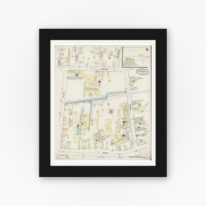 Old map wall art mockup — black gallery frame with white mat — Sanborn Fire Insurance Map from Peabody, Essex County, Massachusetts (1887), Sheet #0009