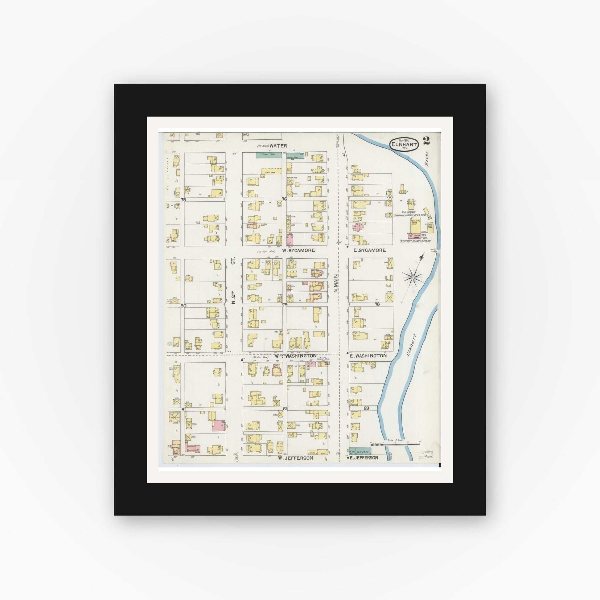 Old map wall art mockup — black gallery frame with white mat — Sanborn Fire Insurance Map from Elkhart, Elkhart County, Indiana (1892), Sheet #0002