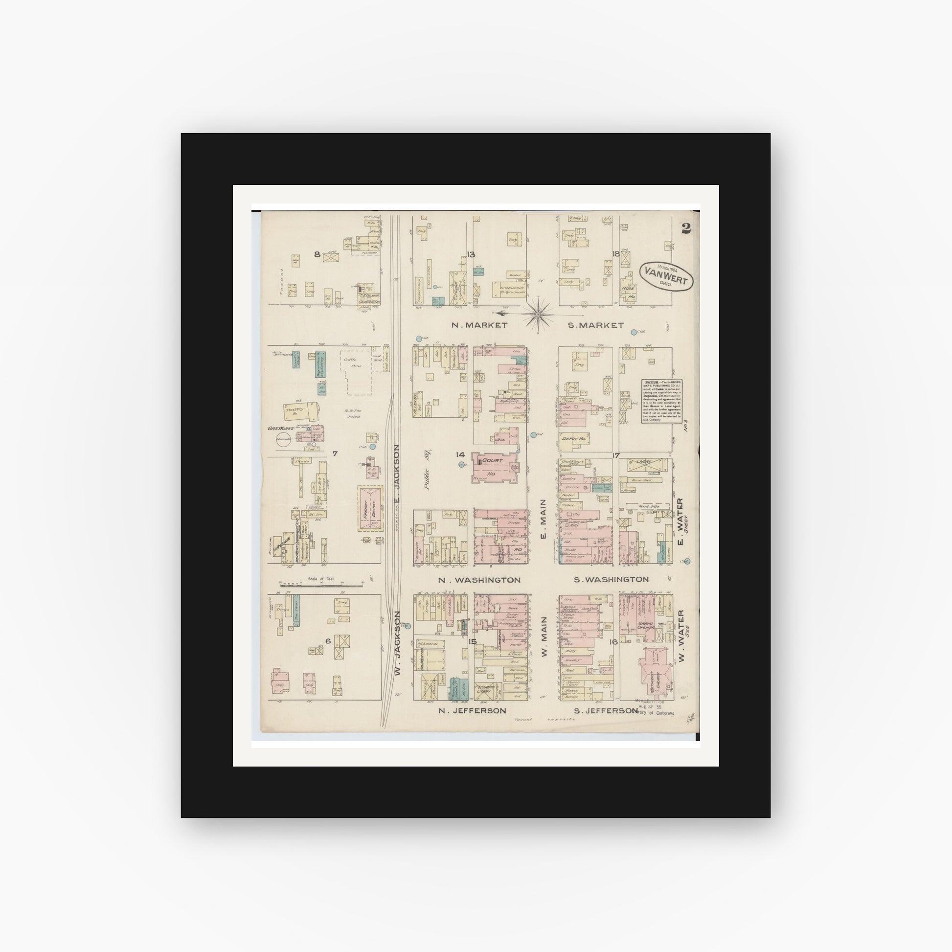 Old map wall art mockup — black gallery frame with white mat — Sanborn Fire Insurance Map from Van Wert, Van Wert County, Ohio (1884), Sheet #0002