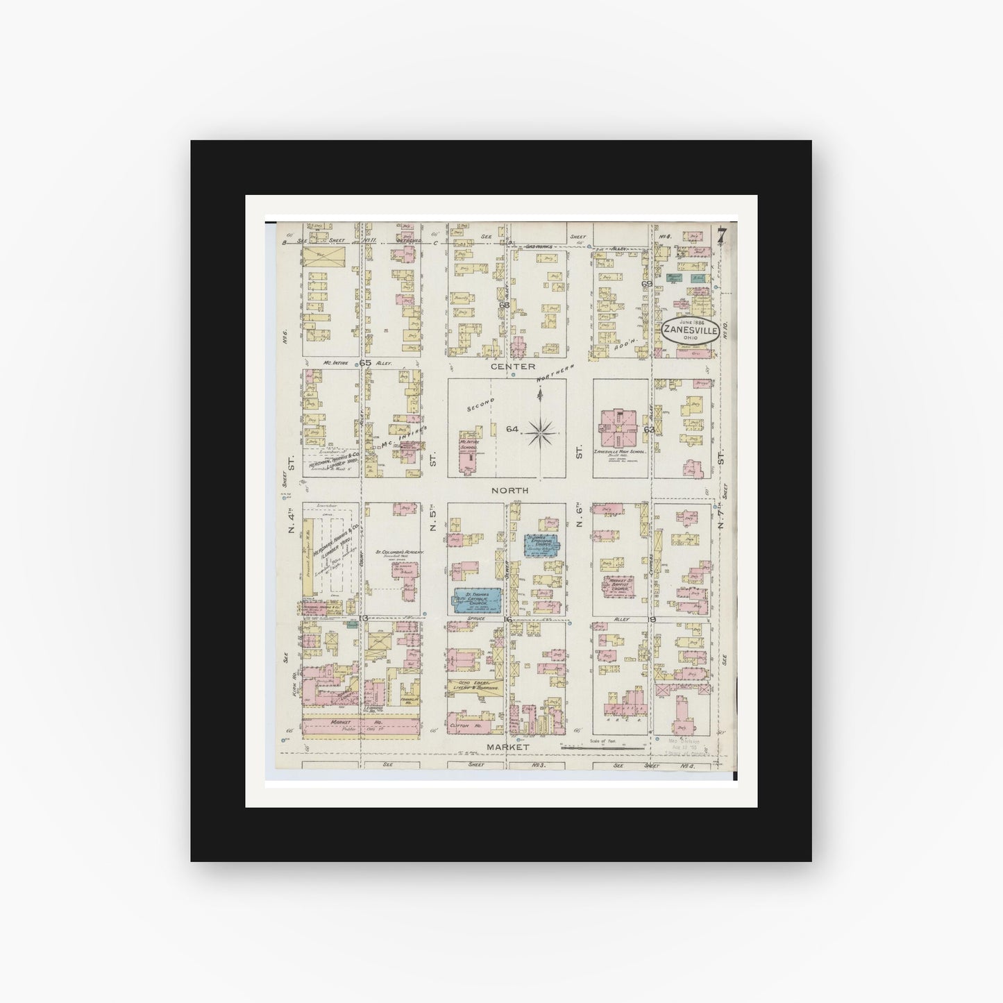 Old map wall art mockup — black gallery frame with white mat — Sanborn Fire Insurance Map from Zanesville, Muskingum County, Ohio (1886), Sheet #0007