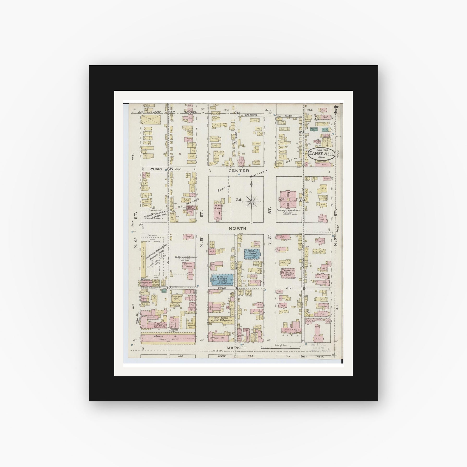 Old map wall art mockup — black gallery frame with white mat — Sanborn Fire Insurance Map from Zanesville, Muskingum County, Ohio (1886), Sheet #0007