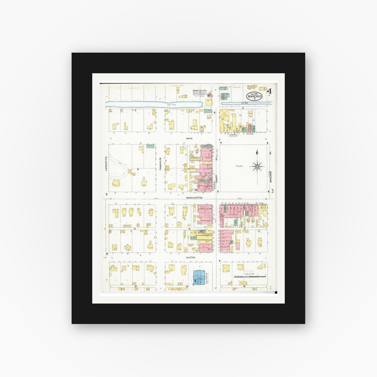 Old map wall art mockup — black gallery frame with white mat — Sanborn Fire Insurance Map from Marengo, Iowa County, Iowa (1906), Sheet #0004