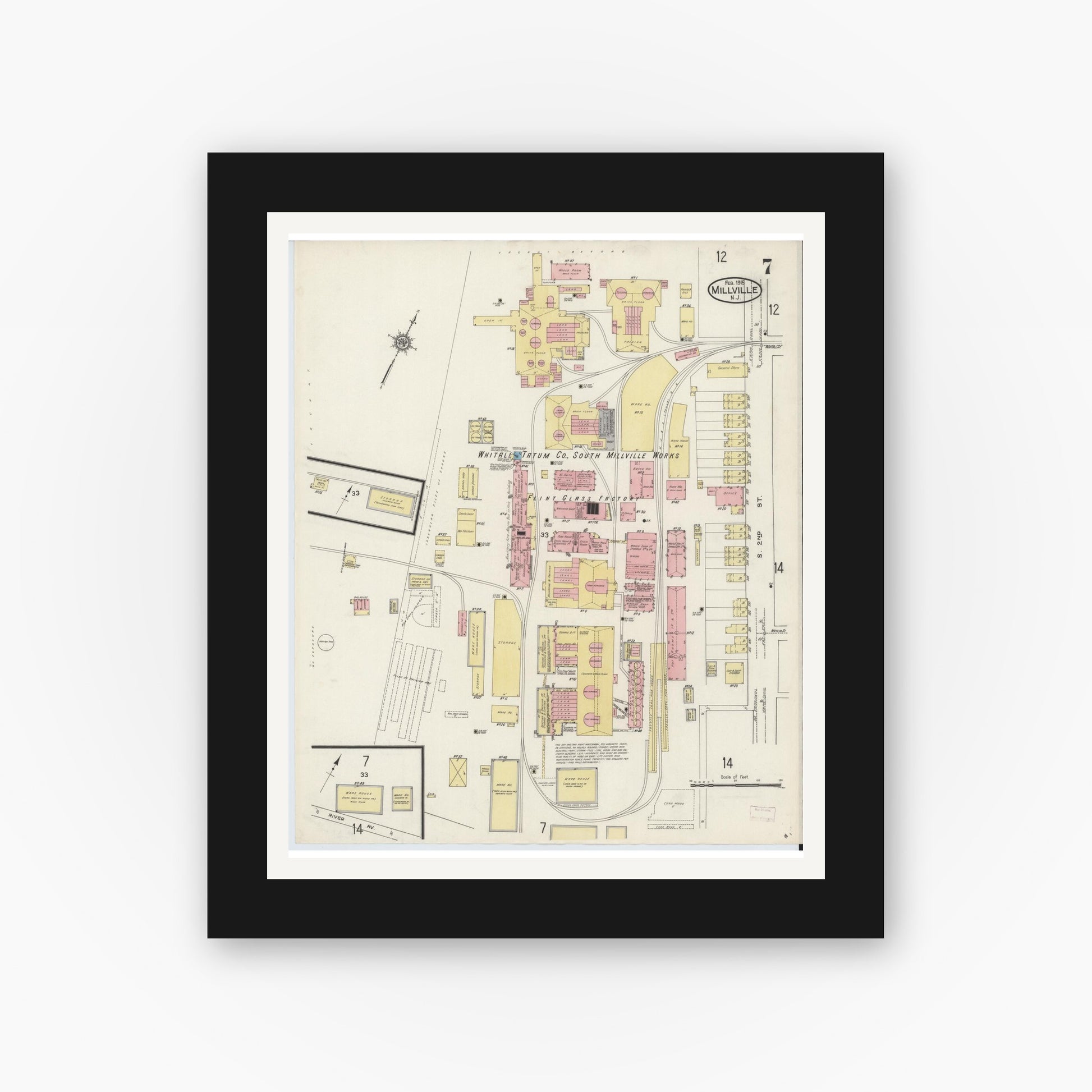 Old map wall art mockup — black gallery frame with white mat — Sanborn Fire Insurance Map from Millville, Cumberland County, New Jersey (1915), Sheet #0007