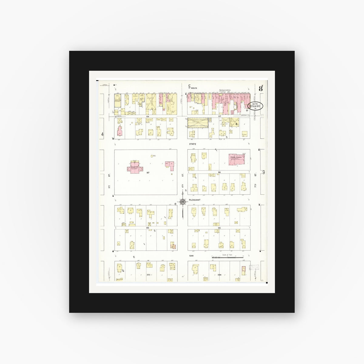 Old map wall art mockup — black gallery frame with white mat — Sanborn Fire Insurance Map from Osage, Mitchell County, Iowa (1911), Sheet #0008