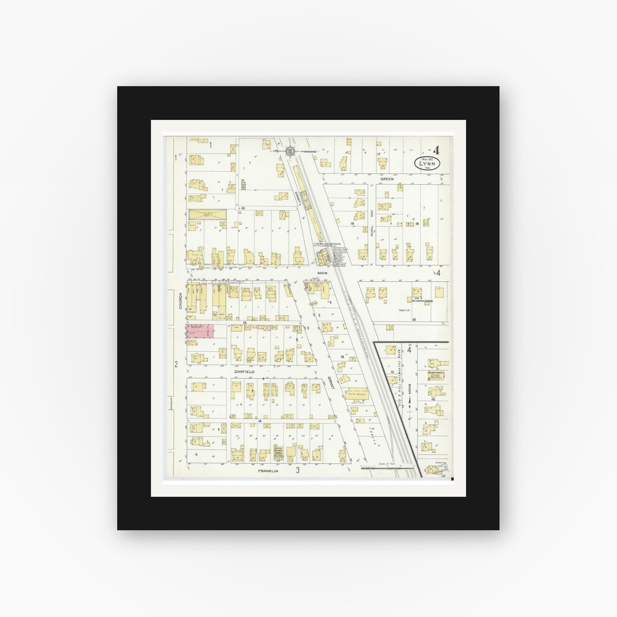 Old map wall art mockup — black gallery frame with white mat — Sanborn Fire Insurance Map from Lynn, Randolph County, Indiana (1912), Sheet #0004