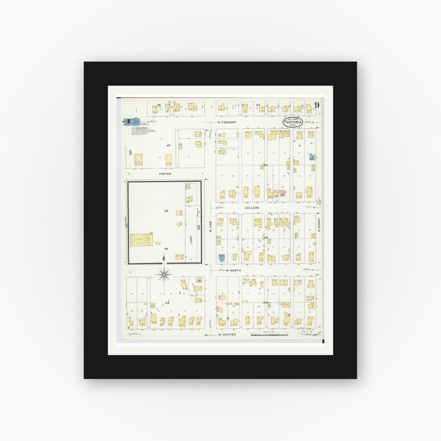 Old map wall art mockup — black gallery frame with white mat — Sanborn Fire Insurance Map from Fostoria, Seneca, Hancock, And Wood Counties, Ohio (1908), Sheet #0009