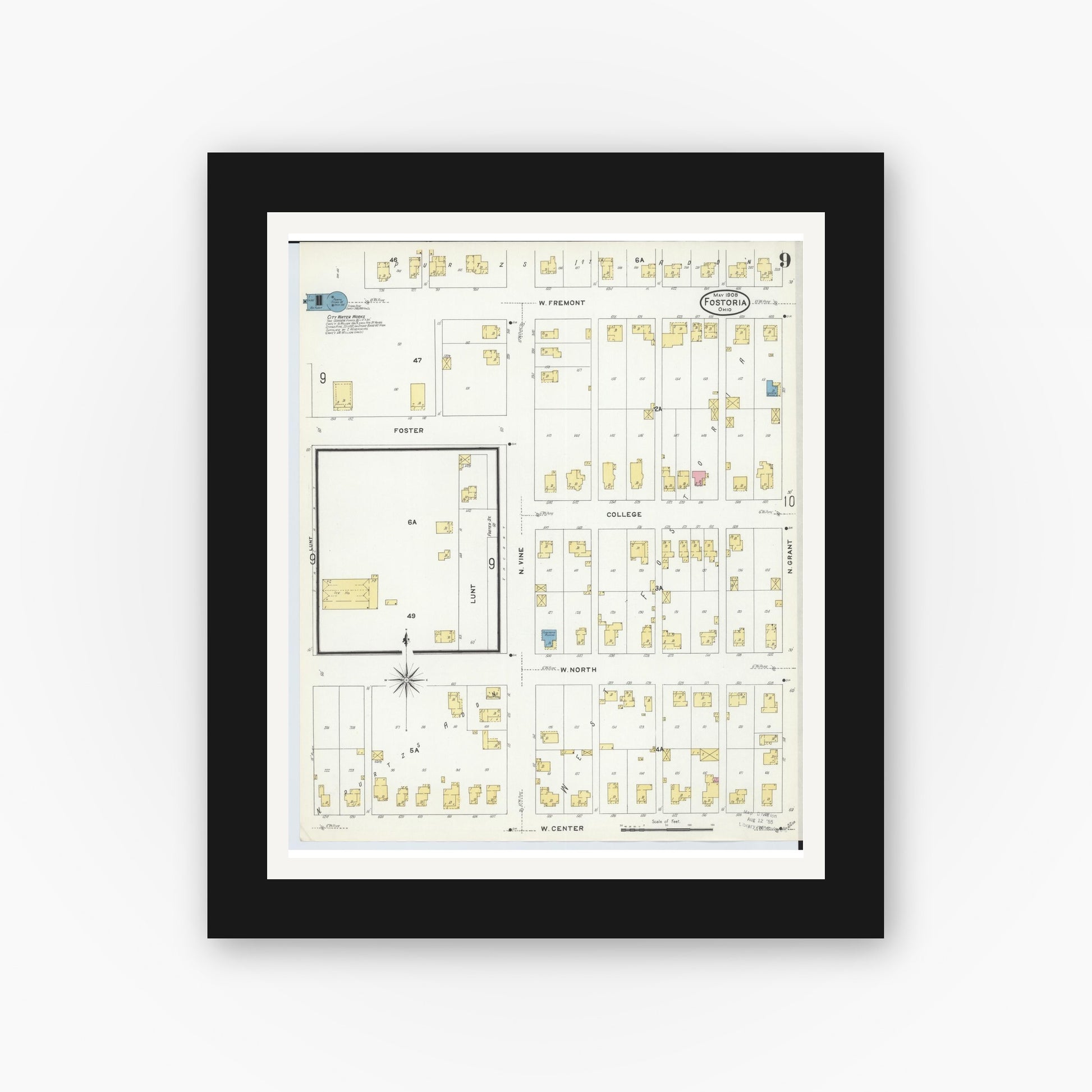 Old map wall art mockup — black gallery frame with white mat — Sanborn Fire Insurance Map from Fostoria, Seneca, Hancock, And Wood Counties, Ohio (1908), Sheet #0009