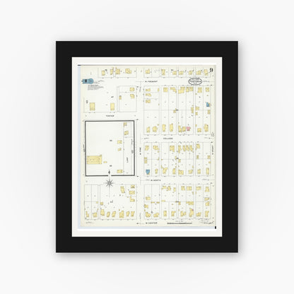 Old map wall art mockup — black gallery frame with white mat — Sanborn Fire Insurance Map from Fostoria, Seneca, Hancock, And Wood Counties, Ohio (1908), Sheet #0009