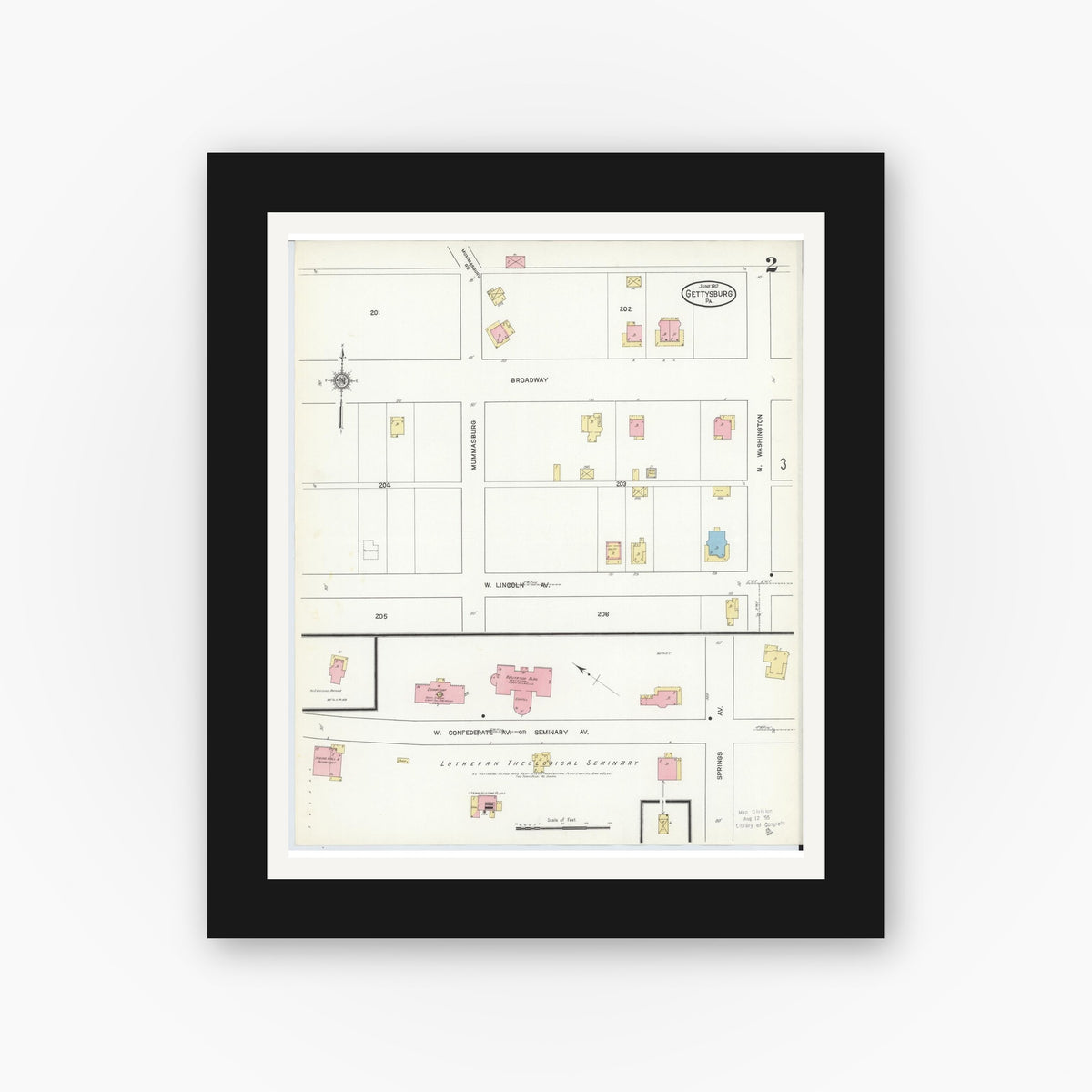 Old map wall art mockup — black gallery frame with white mat — Sanborn Fire Insurance Map from Gettysburg, Adams County, Pennsylvania (1912), Sheet #0002
