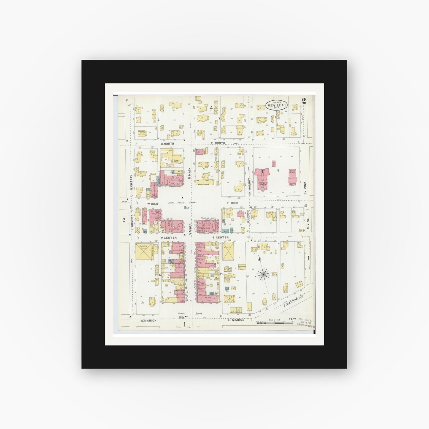 Old map wall art mockup — black gallery frame with white mat — Sanborn Fire Insurance Map from Mount Gilead, Morrow County, Ohio (1903), Sheet #0002