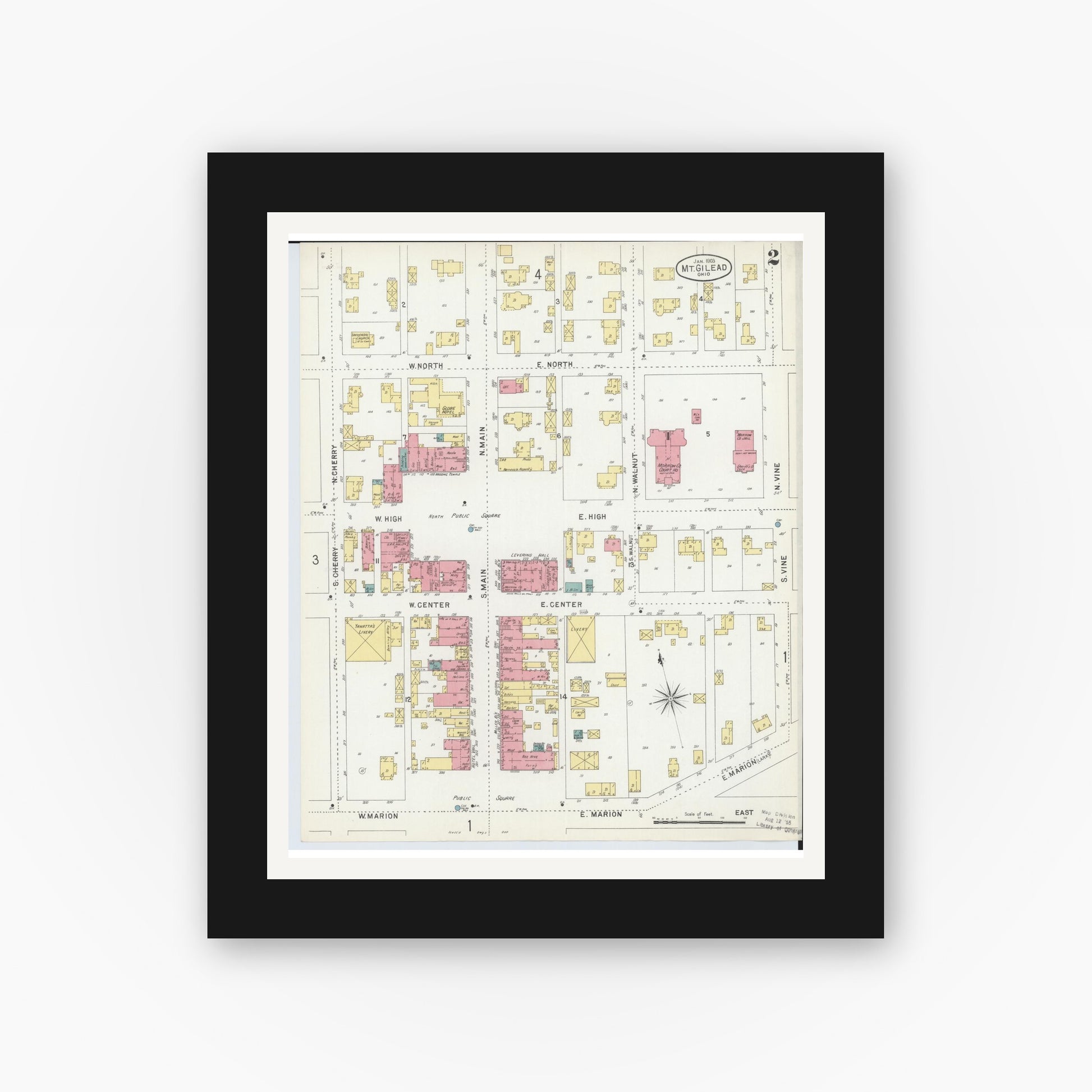 Old map wall art mockup — black gallery frame with white mat — Sanborn Fire Insurance Map from Mount Gilead, Morrow County, Ohio (1903), Sheet #0002