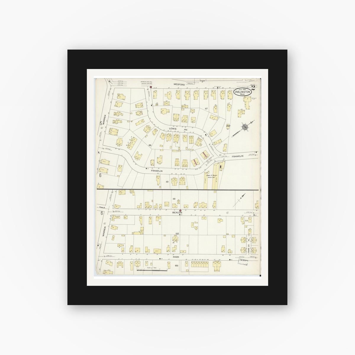 Old map wall art mockup — black gallery frame with white mat — Sanborn Fire Insurance Map from Arlington, Middlesex County, Massachusetts (1914), Sheet #0002