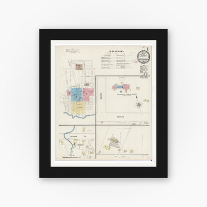 Old map wall art mockup — black gallery frame with white mat — Sanborn Fire Insurance Map from Waxahachie, Ellis County, Texas (1890), Sheet #0001