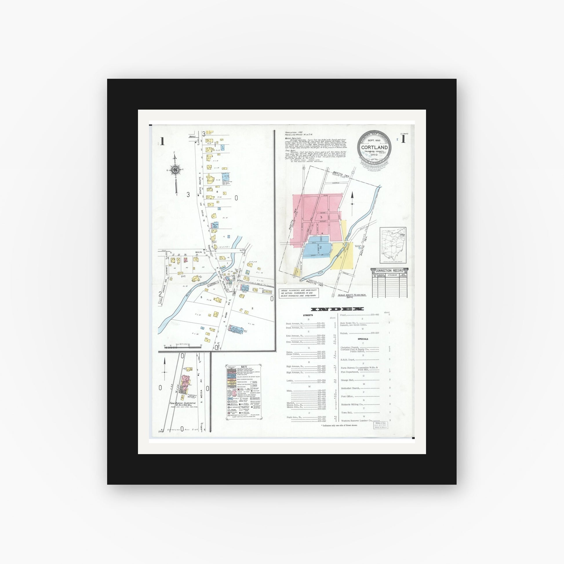 Old map wall art mockup — black gallery frame with white mat — Sanborn Fire Insurance Map from Cortland, Trumbull County, Ohio (1950), Sheet #0001