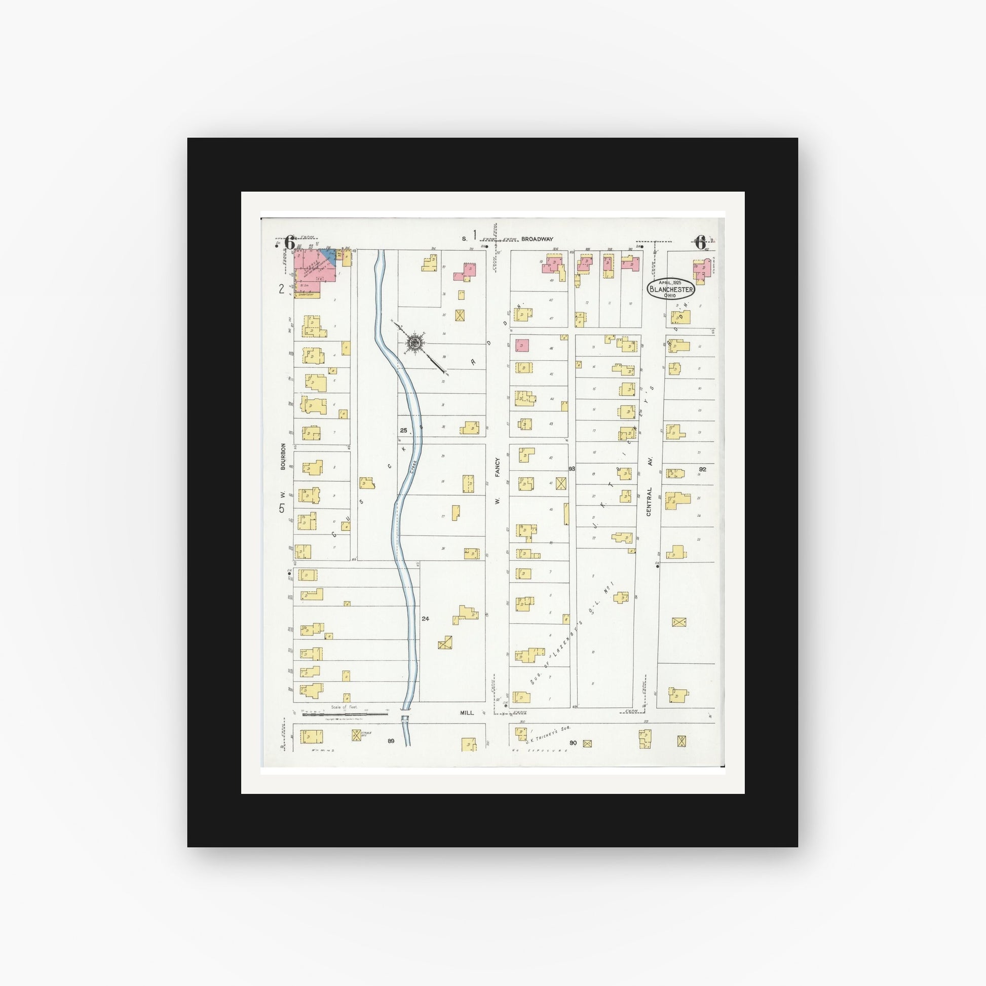Old map wall art mockup — black gallery frame with white mat — Sanborn Fire Insurance Map from Blanchester, Clinton County, Ohio (1925), Sheet #0006