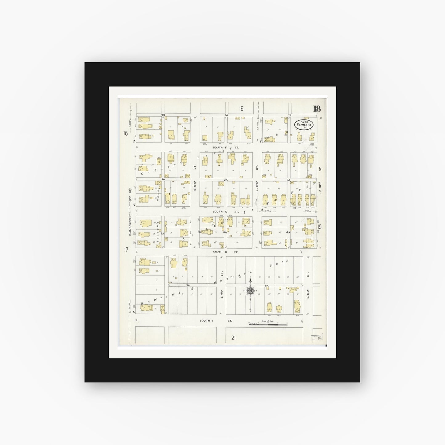 Old map wall art mockup — black gallery frame with white mat — Sanborn Fire Insurance Map from Elwood, Madison County, Indiana (1910), Sheet #0018