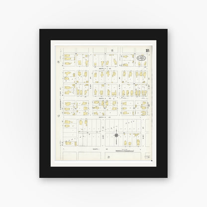 Old map wall art mockup — black gallery frame with white mat — Sanborn Fire Insurance Map from Elwood, Madison County, Indiana (1910), Sheet #0018