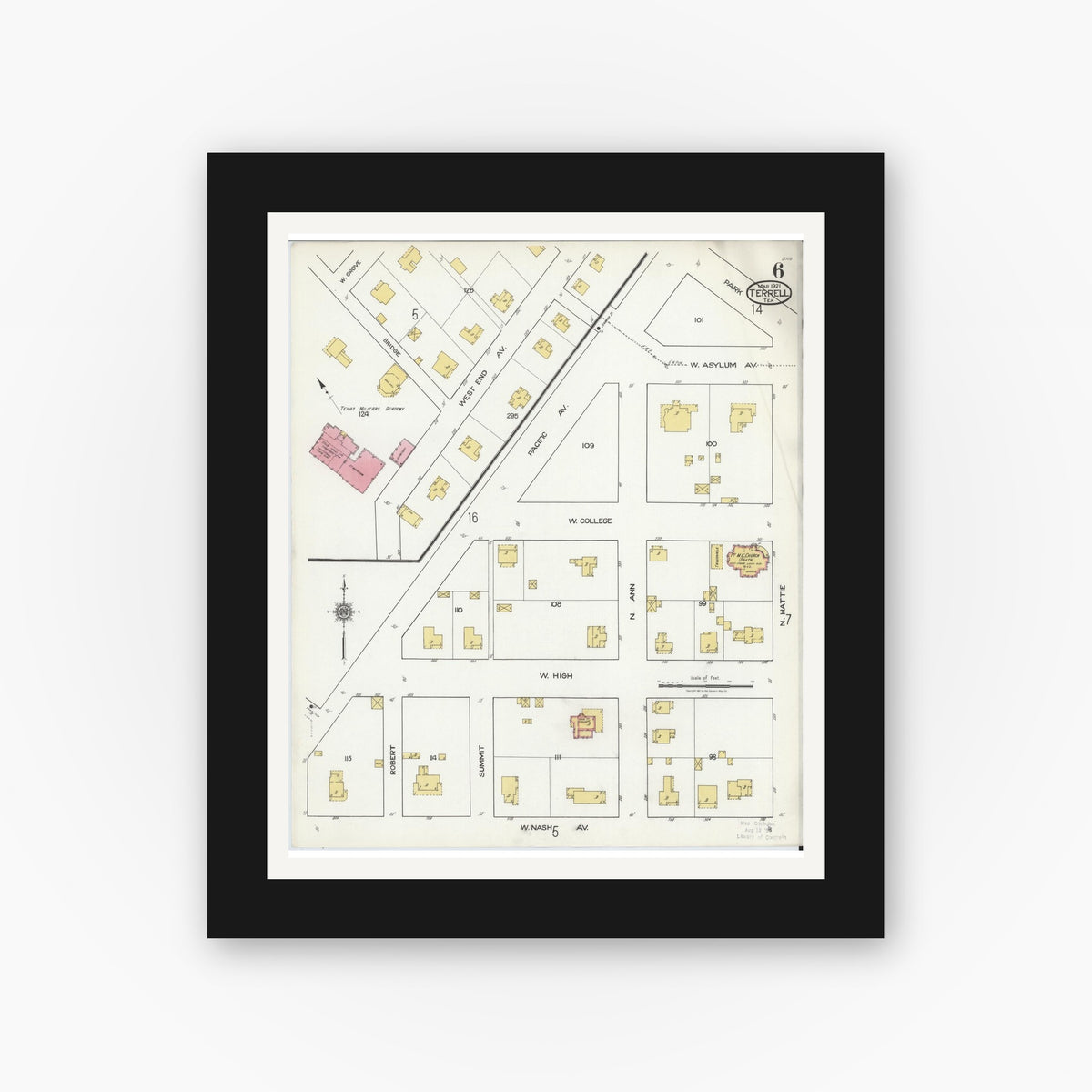 Old map wall art mockup — black gallery frame with white mat — Sanborn Fire Insurance Map from Terrell, Kaufman County, Texas (1921), Sheet #0006