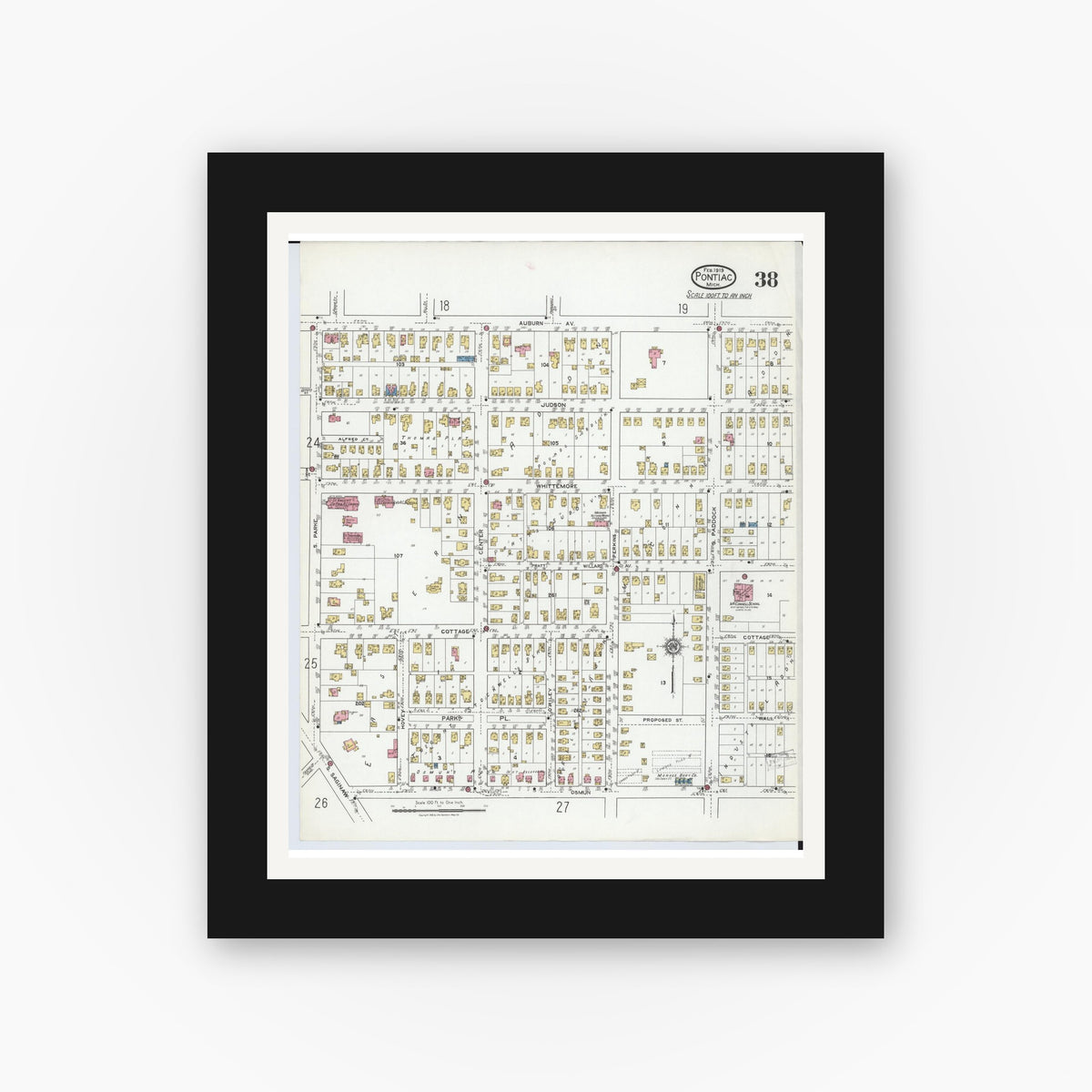 Old map wall art mockup — black gallery frame with white mat — Sanborn Fire Insurance Map from Pontiac, Oakland County, Michigan (1919), Sheet #0038
