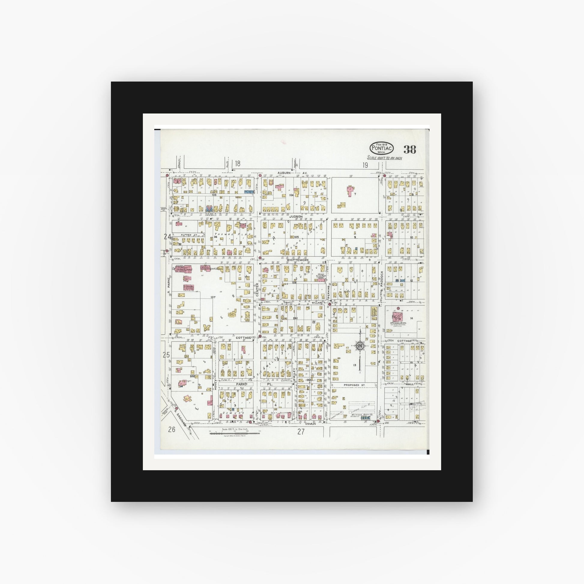 Old map wall art mockup — black gallery frame with white mat — Sanborn Fire Insurance Map from Pontiac, Oakland County, Michigan (1919), Sheet #0038