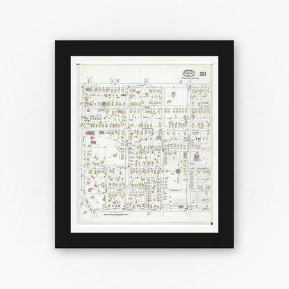 Old map wall art mockup — black gallery frame with white mat — Sanborn Fire Insurance Map from Pontiac, Oakland County, Michigan (1919), Sheet #0038
