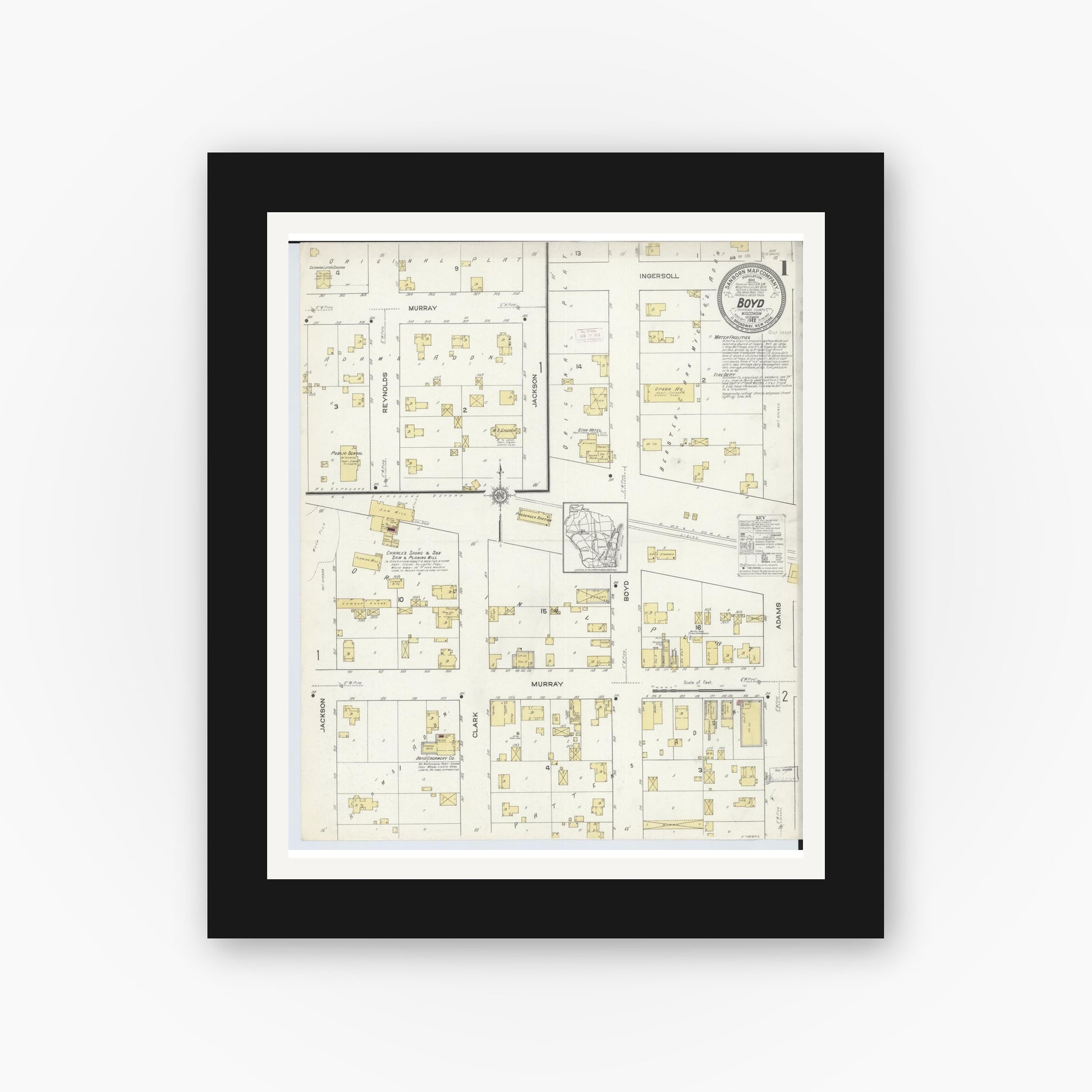 Old map wall art mockup — black gallery frame with white mat — Sanborn Fire Insurance Map from Boyd, Chippewa County, Wisconsin (1912) - Complete Map Set