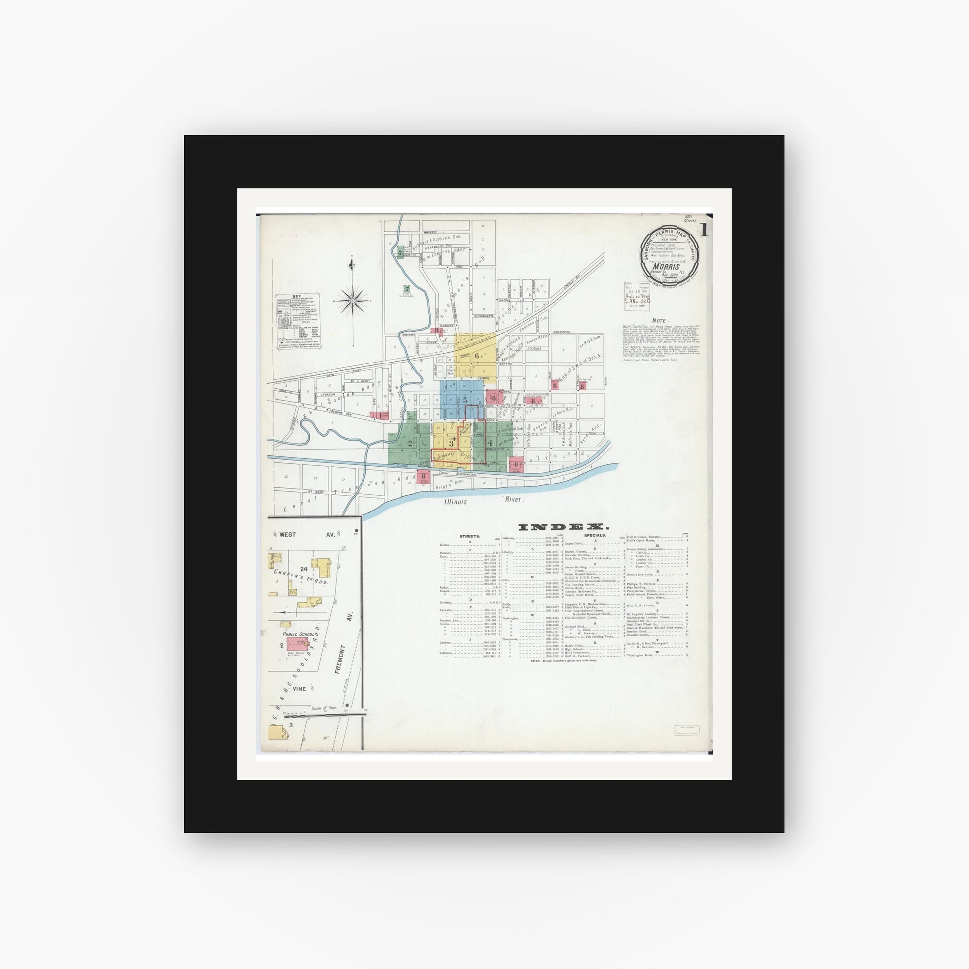 Old map wall art mockup — black gallery frame with white mat — Sanborn Fire Insurance Map from Morris, Grundy County, Illinois (1900) - Complete Map Set