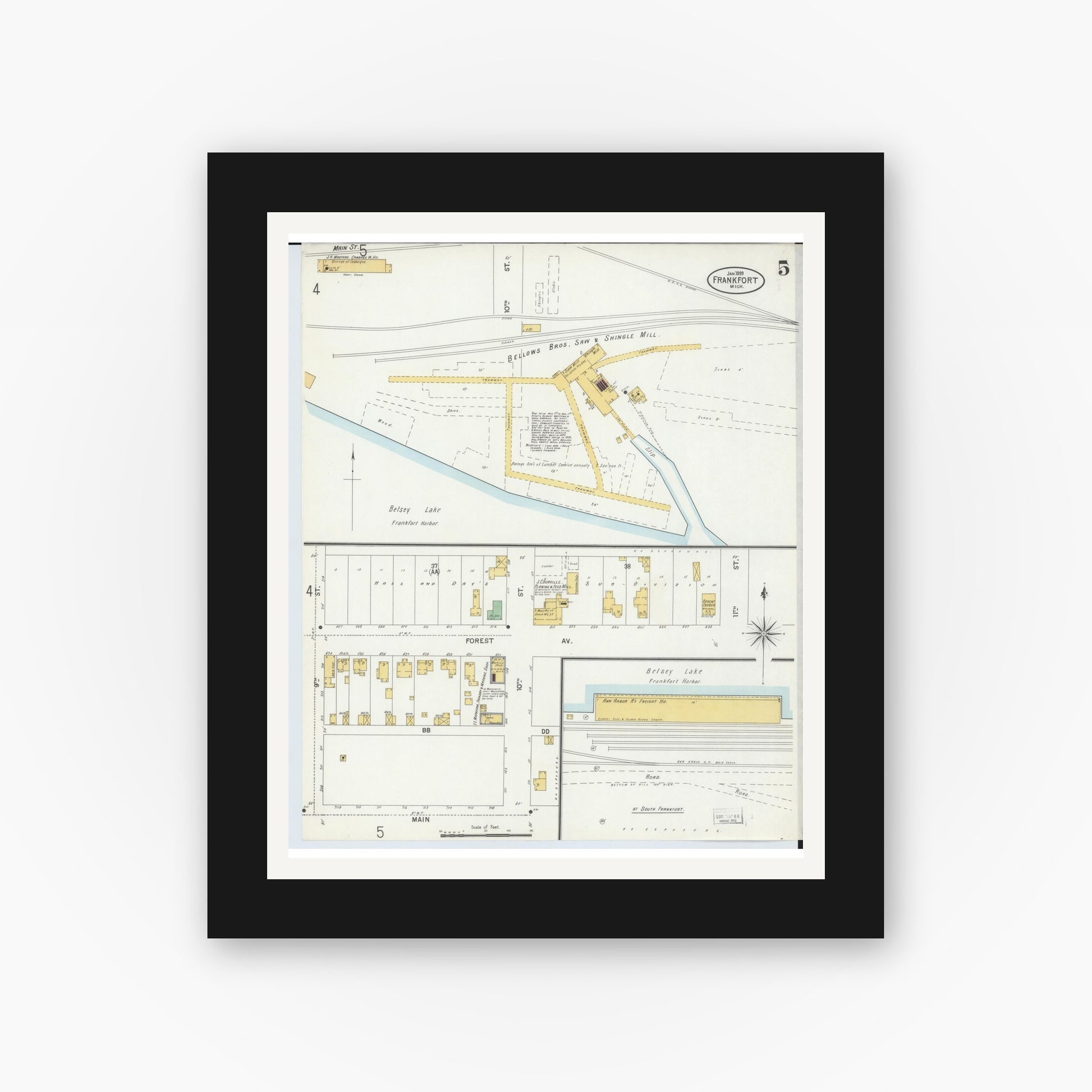 Old map wall art mockup — black gallery frame with white mat — Sanborn Fire Insurance Map from Frankfort, Benzie County, Michigan (1899), Sheet #0005