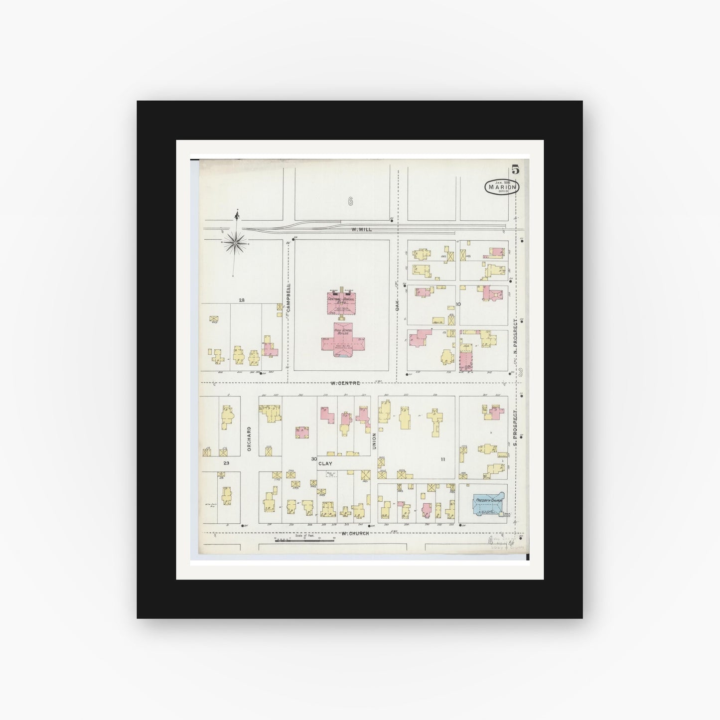 Old map wall art mockup — black gallery frame with white mat — Sanborn Fire Insurance Map from Marion, Marion County, Ohio (1895), Sheet #0005