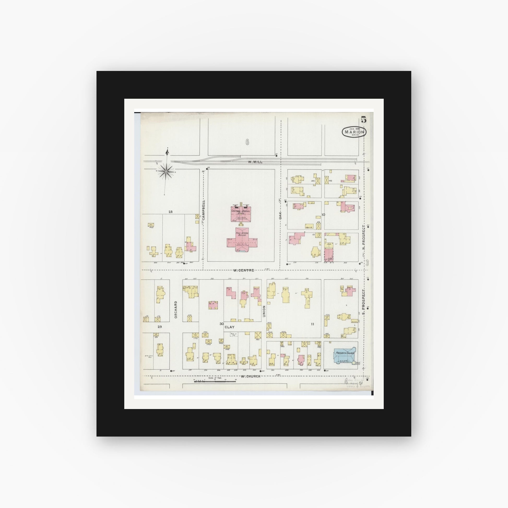 Old map wall art mockup — black gallery frame with white mat — Sanborn Fire Insurance Map from Marion, Marion County, Ohio (1895), Sheet #0005