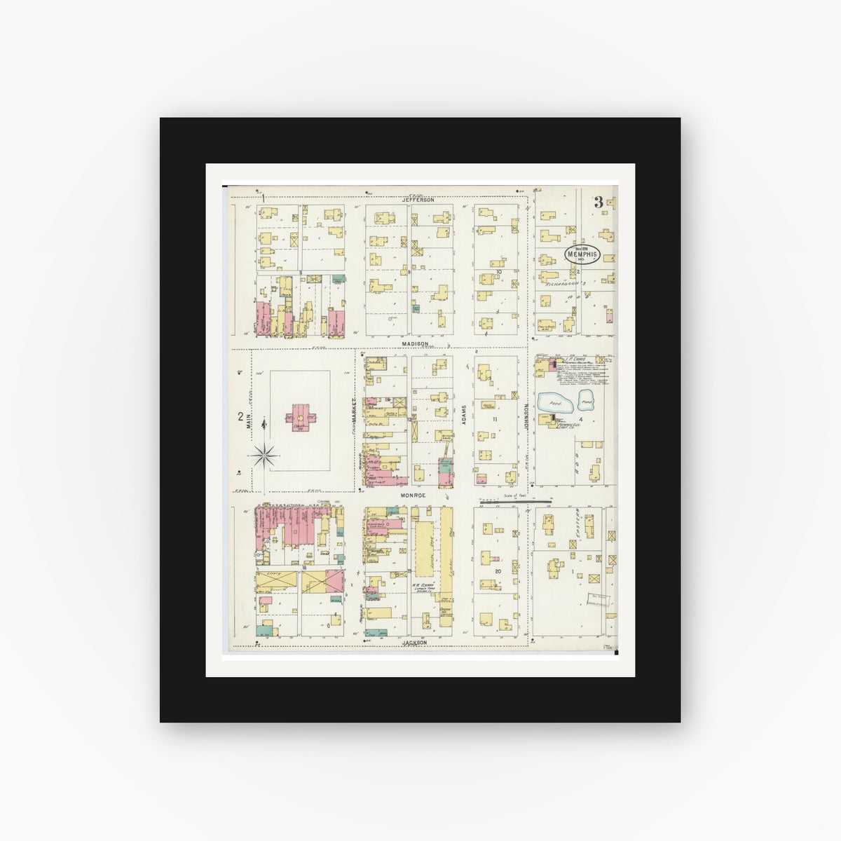 Old map wall art mockup — black gallery frame with white mat — Sanborn Fire Insurance Map from Memphis, Scotland County, Missouri (1898), Sheet #0003