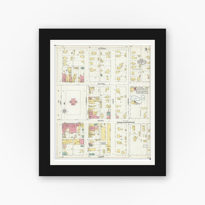 Old map wall art mockup — black gallery frame with white mat — Sanborn Fire Insurance Map from Memphis, Scotland County, Missouri (1898), Sheet #0003