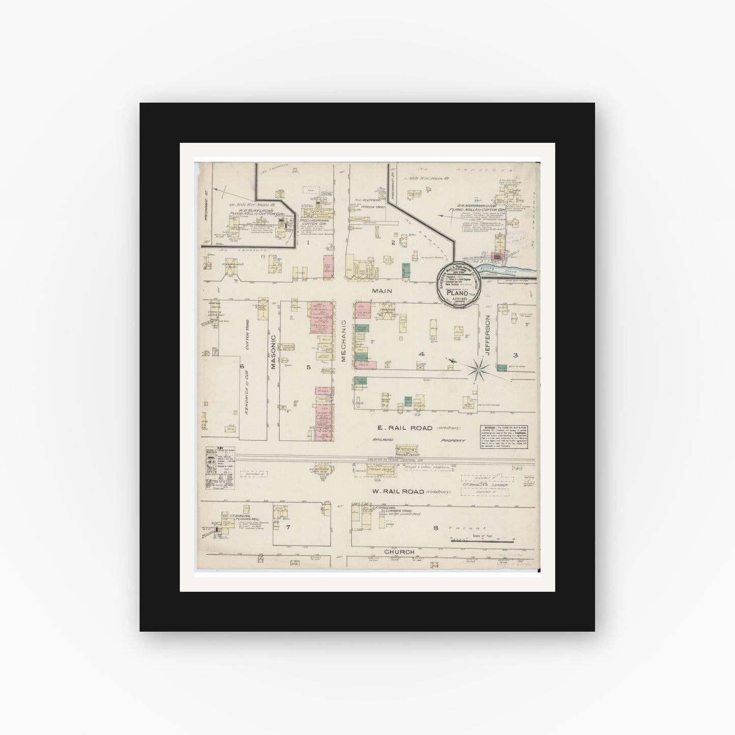 Old map wall art mockup — black gallery frame with white mat — Sanborn Fire Insurance Map from Plano, Collin County, Texas (1885), Sheet #0001