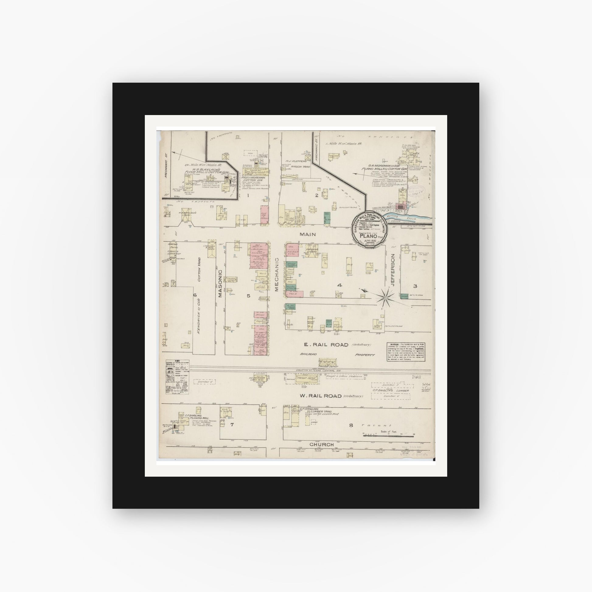 Old map wall art mockup — black gallery frame with white mat — Sanborn Fire Insurance Map from Plano, Collin County, Texas (1885), Sheet #0001