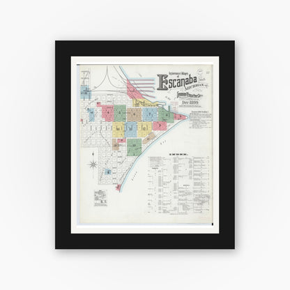 Old map wall art mockup — black gallery frame with white mat — Sanborn Fire Insurance Map from Escanaba, Delta County, Michigan (1899) - Complete Map Set