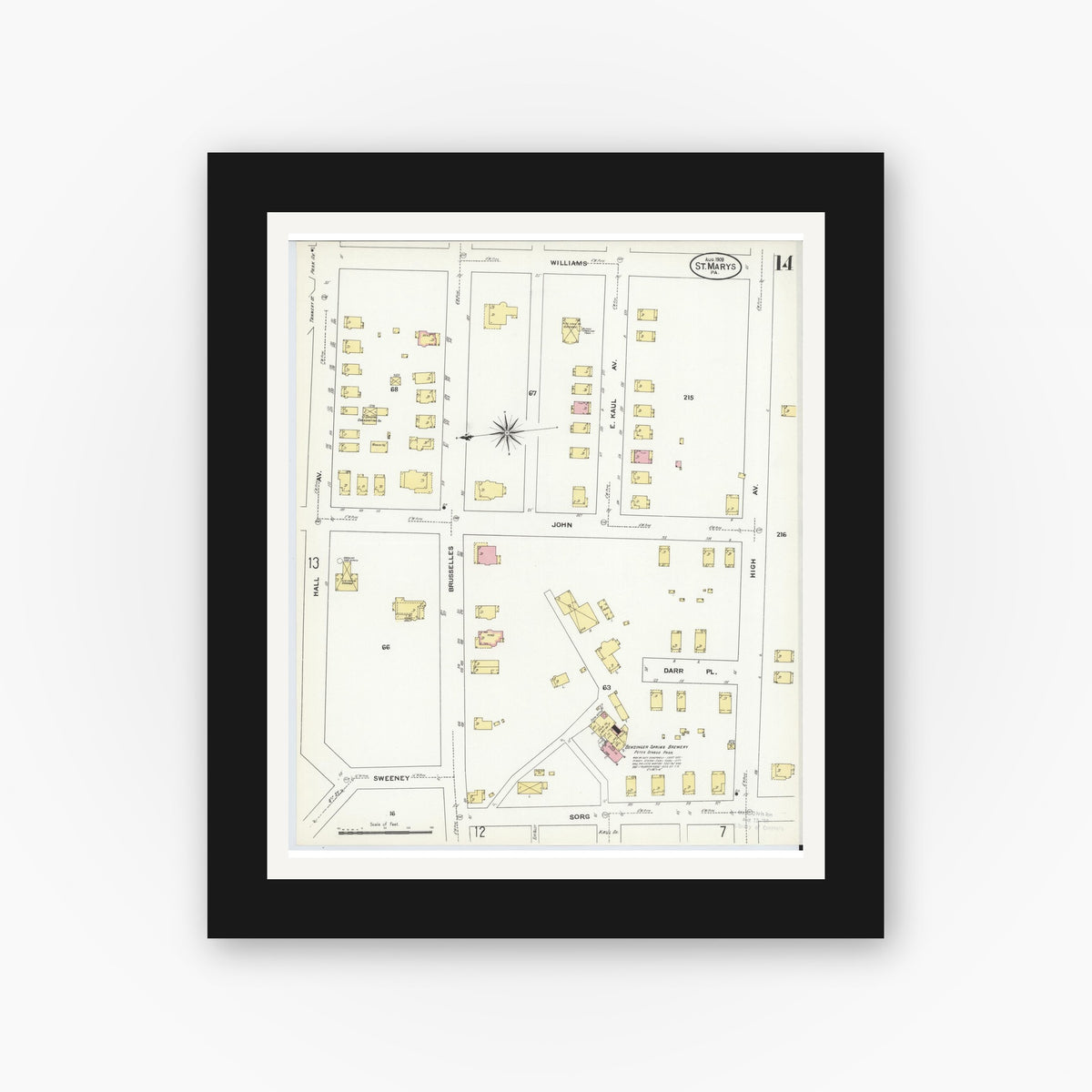 Old map wall art mockup — black gallery frame with white mat — Sanborn Fire Insurance Map from Saint Marys, Elk County, Pennsylvania (1909), Sheet #0014