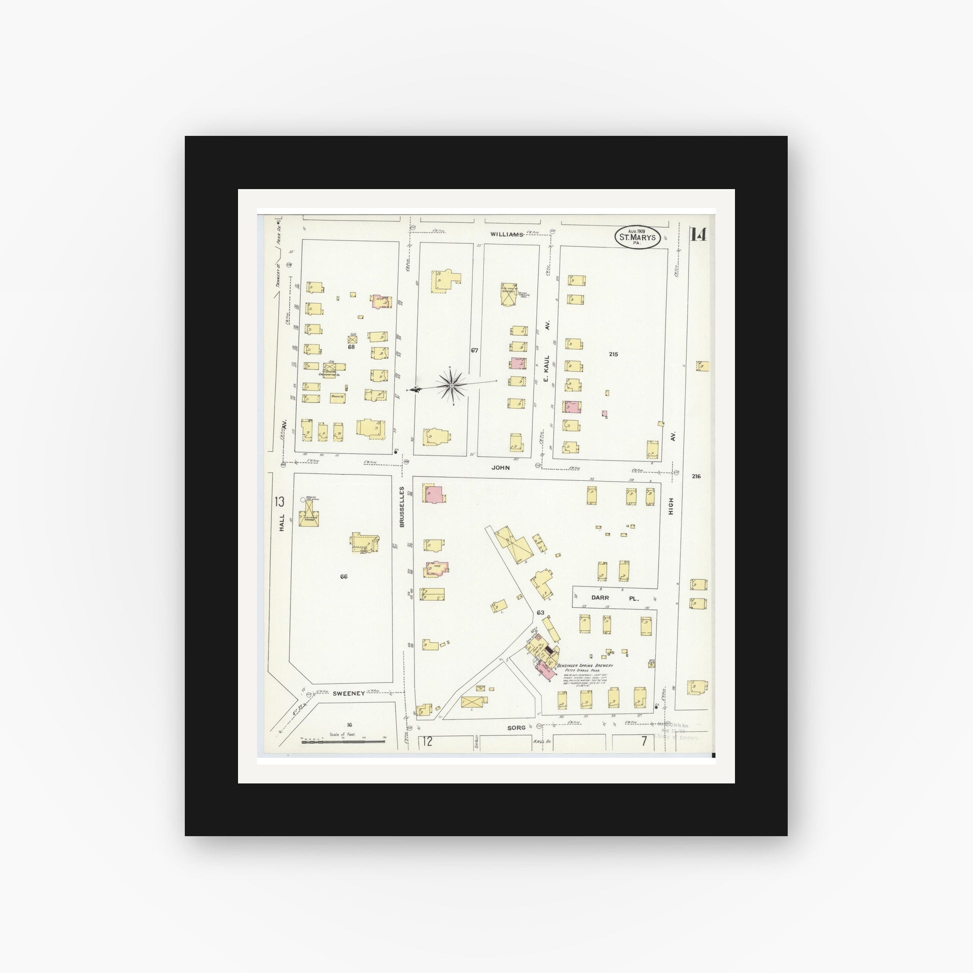 Old map wall art mockup — black gallery frame with white mat — Sanborn Fire Insurance Map from Saint Marys, Elk County, Pennsylvania (1909), Sheet #0014