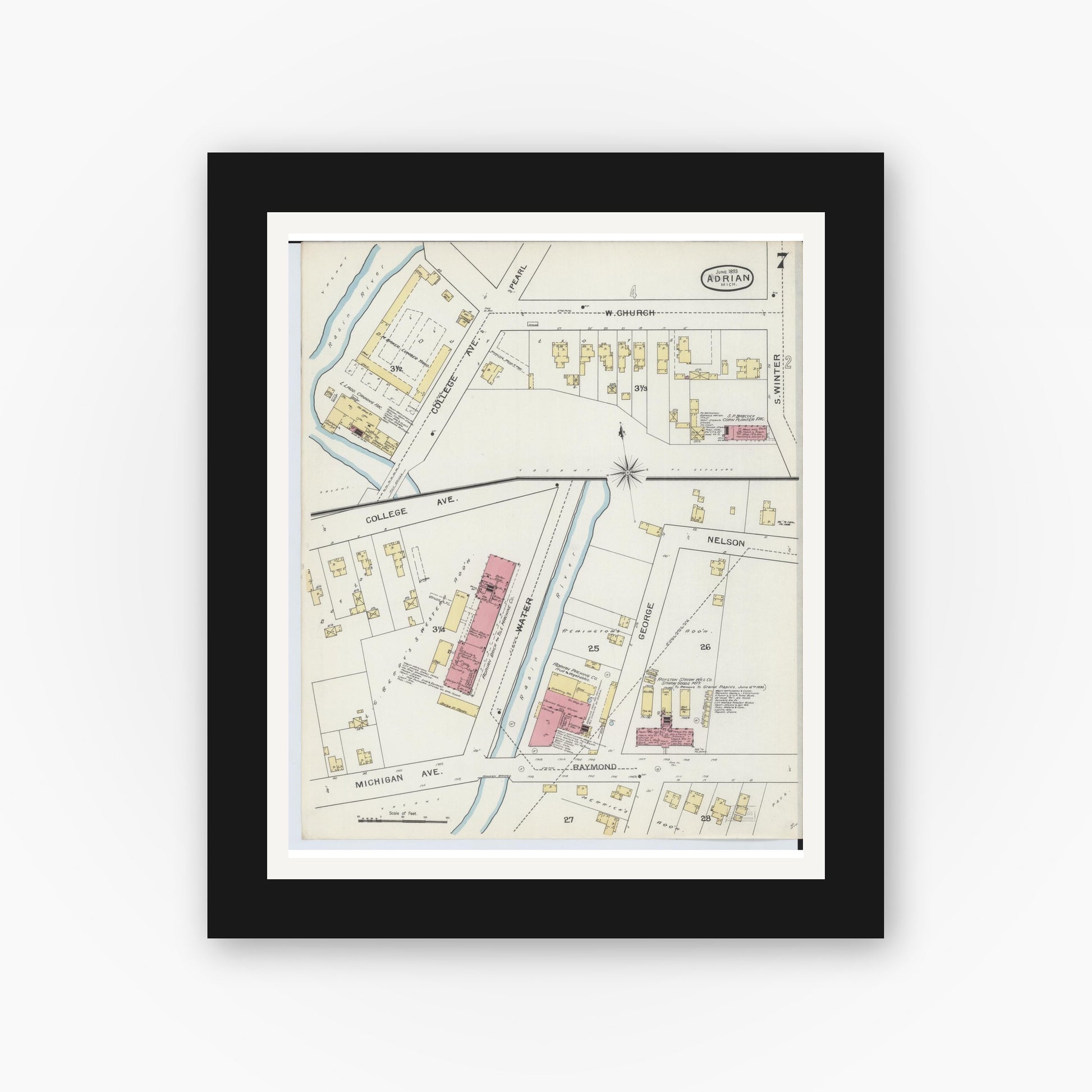 Old map wall art mockup — black gallery frame with white mat — Sanborn Fire Insurance Map from Adrian, Lenawee County, Michigan (1893), Sheet #0007