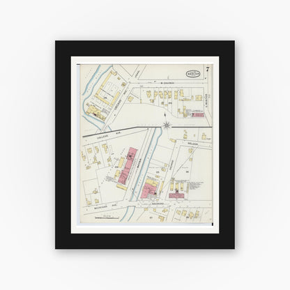 Old map wall art mockup — black gallery frame with white mat — Sanborn Fire Insurance Map from Adrian, Lenawee County, Michigan (1893), Sheet #0007